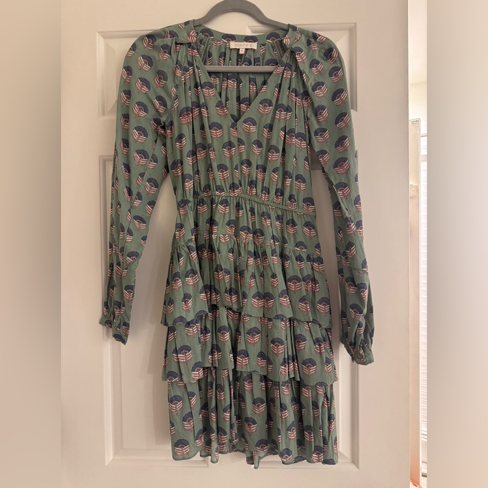 MAREA Green and Blue Pattern Long Sleeve Tiered Mini Dress